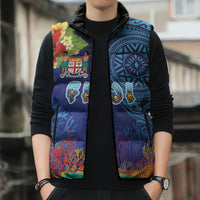 Fiji Day Sleeveless Puffer Jacket Coral Reef with Tapa Motifs and Hibiscus Ocean Vibe LT03 - Polynesian Pride