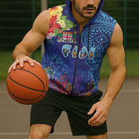 Fiji Day Sleeveless Zip Hoodie Coral Reef with Tapa Motifs and Hibiscus Ocean Vibe LT03 - Polynesian Pride