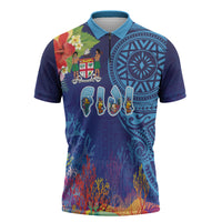 Fiji Day Zipper Polo Shirt Coral Reef with Tapa Motifs and Hibiscus Ocean Vibe LT03 Blue - Polynesian Pride