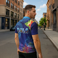 Fiji Day Zipper Polo Shirt Coral Reef with Tapa Motifs and Hibiscus Ocean Vibe LT03 - Polynesian Pride