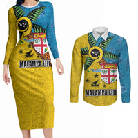 Malampa Fiji Day Couples Matching Long Sleeve Bodycon Dress and Long Sleeve Button Shirt Tapa and Melanesian Patterns with Coat of Arms LT03 Multicolor - Polynesian Pride