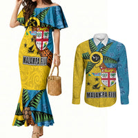 Malampa Fiji Day Couples Matching Mermaid Dress and Long Sleeve Button Shirt Tapa and Melanesian Patterns with Coat of Arms LT03 Multicolor - Polynesian Pride