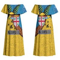 Malampa Fiji Day Couples Matching Off Shoulder Maxi Dress and Long Sleeve Button Shirt Tapa and Melanesian Patterns with Coat of Arms LT03 - Polynesian Pride