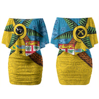Malampa Fiji Day Couples Matching Off Shoulder Short Dress and Long Sleeve Button Shirt Tapa and Melanesian Patterns with Coat of Arms LT03 - Polynesian Pride