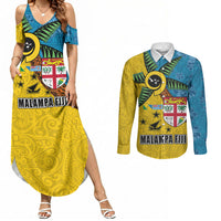 Malampa Fiji Day Couples Matching Summer Maxi Dress and Long Sleeve Button Shirt Tapa and Melanesian Patterns with Coat of Arms LT03 Multicolor - Polynesian Pride
