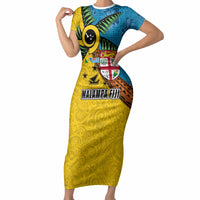 Malampa Fiji Day Short Sleeve Bodycon Dress Tapa and Melanesian Patterns with Coat of Arms LT03 Long Dress Multicolor - Polynesian Pride