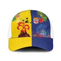 Malampa Fiji Day Baseball Net Cap Volcano and Coral Reef with Culture Patterns Split Style LT03 One Size White Multicolor - Polynesian Pride