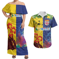 Malampa Fiji Day Couples Matching Off Shoulder Maxi Dress and Hawaiian Shirt Volcano and Coral Reef with Culture Patterns Split Style LT03 Multicolor - Polynesian Pride