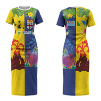 Malampa Fiji Day Couples Matching Short Sleeve Bodycon Dress and Hawaiian Shirt Volcano and Coral Reef with Culture Patterns Split Style LT03 - Polynesian Pride