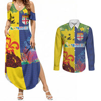 Malampa Fiji Day Couples Matching Summer Maxi Dress and Long Sleeve Button Shirt Volcano and Coral Reef with Culture Patterns Split Style LT03 Multicolor - Polynesian Pride