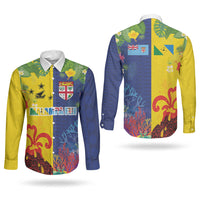 Malampa Fiji Day Couples Matching Summer Maxi Dress and Long Sleeve Button Shirt Volcano and Coral Reef with Culture Patterns Split Style LT03 - Polynesian Pride