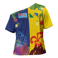 Malampa Fiji Day Cross Shoulder Shirt Volcano and Coral Reef with Culture Patterns Split Style LT03 - Polynesian Pride