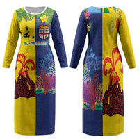 Malampa Fiji Day Family Matching Long Sleeve Bodycon Dress and Hawaiian Shirt Volcano and Coral Reef with Culture Patterns Split Style LT03 Mom's Dress Multicolor - Polynesian Pride