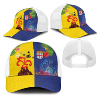 Malampa Fiji Day Mesh Trucker Cap Volcano and Coral Reef with Culture Patterns Split Style LT03 - Polynesian Pride