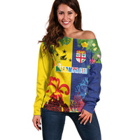 Malampa Fiji Day Off Shoulder Sweater Volcano and Coral Reef with Culture Patterns Split Style LT03 Women Multicolor - Polynesian Pride