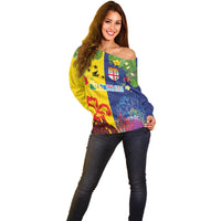 Malampa Fiji Day Off Shoulder Sweater Volcano and Coral Reef with Culture Patterns Split Style LT03 - Polynesian Pride