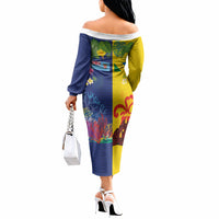 Malampa Fiji Day Off The Shoulder Long Sleeve Dress Volcano and Coral Reef with Culture Patterns Split Style LT03 - Polynesian Pride
