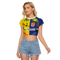 Malampa Fiji Day Raglan Cropped T Shirt Volcano and Coral Reef with Culture Patterns Split Style LT03 Female Multicolor - Polynesian Pride