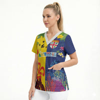 Malampa Fiji Day Scrub Top Volcano and Coral Reef with Culture Patterns Split Style LT03 - Polynesian Pride