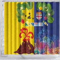 Malampa Fiji Day Shower Curtain Volcano and Coral Reef with Culture Patterns Split Style LT03 - Polynesian Pride