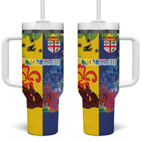 Malampa Fiji Day Tumbler With Handle Volcano and Coral Reef with Culture Patterns Split Style LT03 One Size: 40 oz Multicolor - Polynesian Pride