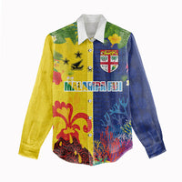 Malampa Fiji Day Women Casual Shirt Volcano and Coral Reef with Culture Patterns Split Style LT03 - Polynesian Pride