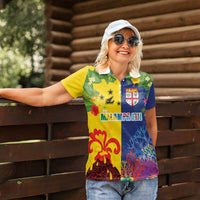 Malampa Fiji Day Women Polo Shirt Volcano and Coral Reef with Culture Patterns Split Style LT03 - Polynesian Pride