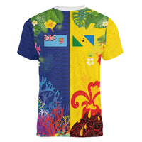 Malampa Fiji Day Women V-Neck T-Shirt Volcano and Coral Reef with Culture Patterns Split Style LT03 - Polynesian Pride