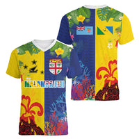 Malampa Fiji Day Women V-Neck T-Shirt Volcano and Coral Reef with Culture Patterns Split Style LT03 - Polynesian Pride