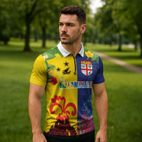 Malampa Fiji Day Zipper Polo Shirt Volcano and Coral Reef with Culture Patterns Split Style LT03 - Polynesian Pride