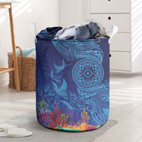 Fijian Tribal Manta Ray Laundry Basket Masi Motif with Coral Reef Ocean Vibe LT03 Blue - Polynesian Pride
