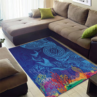 Fijian Tribal Manta Ray Area Rug Masi Motif with Coral Reef Ocean Vibe LT03 - Polynesian Pride