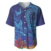 Fijian Tribal Manta Ray Baseball Jersey Masi Motif with Coral Reef Ocean Vibe LT03 Blue - Polynesian Pride