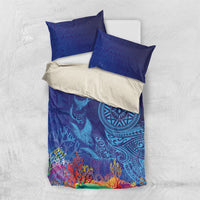 Fijian Tribal Manta Ray Bedding Set Masi Motif with Coral Reef Ocean Vibe LT03 US Twin 172cm x 218cm Blue - Polynesian Pride