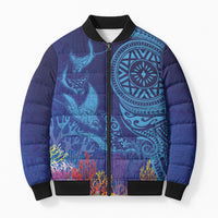Fijian Tribal Manta Ray Bomber Puffer Jacket Masi Motif with Coral Reef Ocean Vibe LT03 Unisex Blue - Polynesian Pride