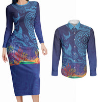 Fijian Tribal Manta Ray Couples Matching Long Sleeve Bodycon Dress and Long Sleeve Button Shirt Masi Motif with Coral Reef Ocean Vibe LT03 Blue - Polynesian Pride
