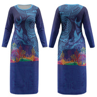 Fijian Tribal Manta Ray Couples Matching Long Sleeve Bodycon Dress and Long Sleeve Button Shirt Masi Motif with Coral Reef Ocean Vibe LT03 - Polynesian Pride