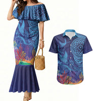 Fijian Tribal Manta Ray Couples Matching Mermaid Dress and Hawaiian Shirt Masi Motif with Coral Reef Ocean Vibe LT03 Blue - Polynesian Pride