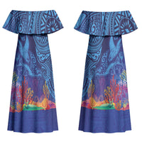 Fijian Tribal Manta Ray Couples Matching Off Shoulder Maxi Dress and Hawaiian Shirt Masi Motif with Coral Reef Ocean Vibe LT03 - Polynesian Pride