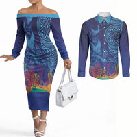 Fijian Tribal Manta Ray Couples Matching Off The Shoulder Long Sleeve Dress and Long Sleeve Button Shirt Masi Motif with Coral Reef Ocean Vibe LT03 Blue - Polynesian Pride