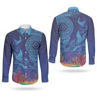 Fijian Tribal Manta Ray Couples Matching Puletasi and Long Sleeve Button Shirt Masi Motif with Coral Reef Ocean Vibe LT03 - Polynesian Pride