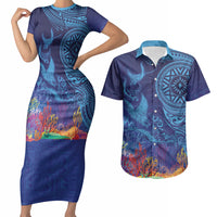 Fijian Tribal Manta Ray Couples Matching Short Sleeve Bodycon Dress and Hawaiian Shirt Masi Motif with Coral Reef Ocean Vibe LT03 Blue - Polynesian Pride