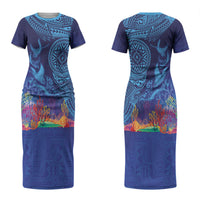 Fijian Tribal Manta Ray Couples Matching Short Sleeve Bodycon Dress and Long Sleeve Button Shirt Masi Motif with Coral Reef Ocean Vibe LT03 - Polynesian Pride
