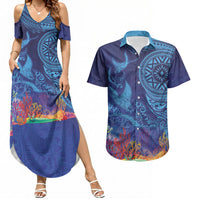 Fijian Tribal Manta Ray Couples Matching Summer Maxi Dress and Hawaiian Shirt Masi Motif with Coral Reef Ocean Vibe LT03 Blue - Polynesian Pride