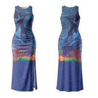 Fijian Tribal Manta Ray Couples Matching Tank Maxi Dress and Long Sleeve Button Shirt Masi Motif with Coral Reef Ocean Vibe LT03 - Polynesian Pride