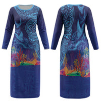 Fijian Tribal Manta Ray Family Matching Long Sleeve Bodycon Dress and Hawaiian Shirt Masi Motif with Coral Reef Ocean Vibe LT03 Mom's Dress Blue - Polynesian Pride