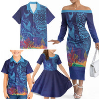 Fijian Tribal Manta Ray Family Matching Off The Shoulder Long Sleeve Dress and Hawaiian Shirt Masi Motif with Coral Reef Ocean Vibe LT03 - Polynesian Pride