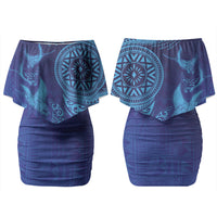 Fijian Tribal Manta Ray Family Matching Off Shoulder Short Dress and Hawaiian Shirt Masi Motif with Coral Reef Ocean Vibe LT03 Mom's Dress Blue - Polynesian Pride