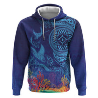 Fijian Tribal Manta Ray Hoodie Masi Motif with Coral Reef Ocean Vibe LT03 Pullover Hoodie Blue - Polynesian Pride