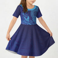 Fijian Tribal Manta Ray Kid Short Sleeve Dress Masi Motif with Coral Reef Ocean Vibe LT03 KID Blue - Polynesian Pride